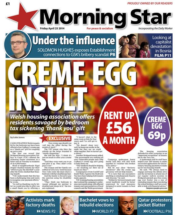 M_Star_Online's tweet photo. Tomorrow's front page: A Creme Egg insult to bedroom tax victims http://t.co/qsyHFUaZOx