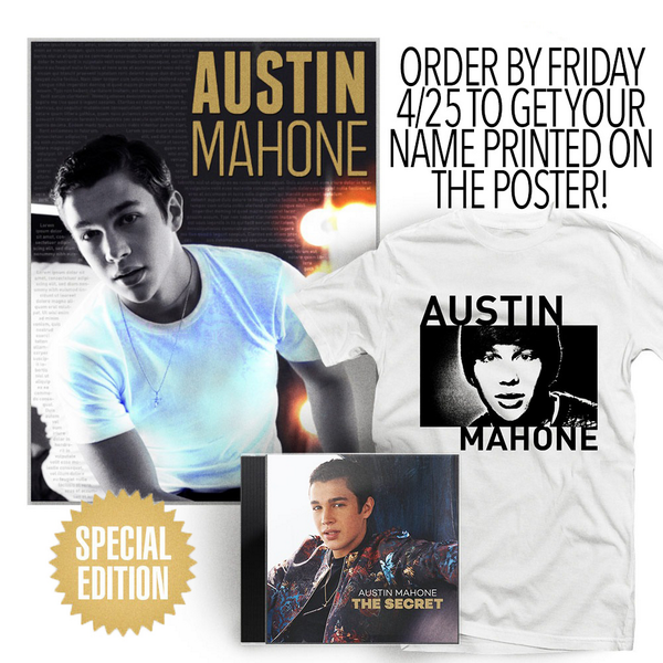 AustinMahone's tweet photo. ONE MORE DAY!! Get #TheSecret bundle by Friday @ noon EST and your name goes on the poster!!!😜 Link in bio!!! http://t.co/scsncBd2CN