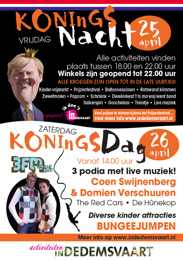 Kom morgenavond naar Koningsnacht <a href="/inDedemsvaart/">inDedemsvaart</a>. Volop activiteiten voor jong &amp; oud. Winkels geopend tot 22.00 uur!