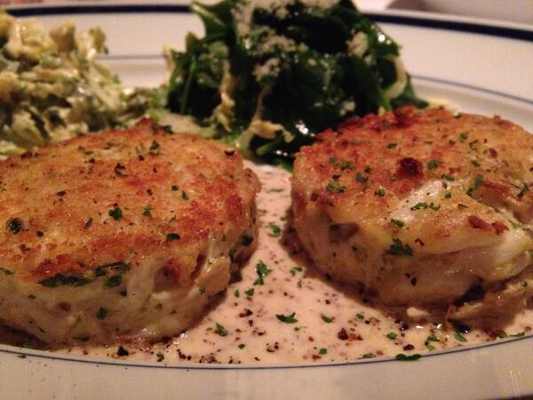 Jumbo Lump Crab Cakes w/Pommery mustard, coleslaw &amp; sautéed spinach! Scrumptiousness <a href="/HillstoneSF/">Hillstone Restaurant</a>
