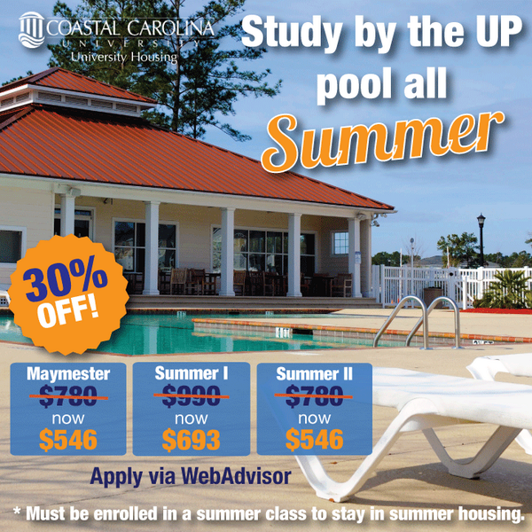 Got summer housing? 30% discount? Yup! Study by the UP pool all summer! Apply on WebAdvisor! @CHANT_411 @CCU_DSO
