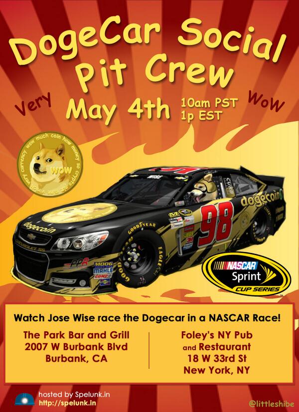 pinguino's tweet photo. Dogecar Social Pit Crew: @Josh_Wise May 4 viewing for NYC and LA! #suchparty #vroom #dogecoin http://t.co/iH9EJaThh2 http://t.co/AqSprMGTer