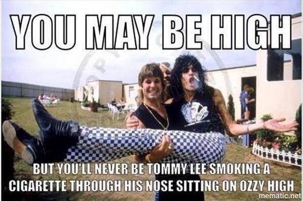 tommy lee cigarette trick You may be high but you will never be as high as Tommy Lee smoking a cig  through his nose sitting on Ozzy! #rockon