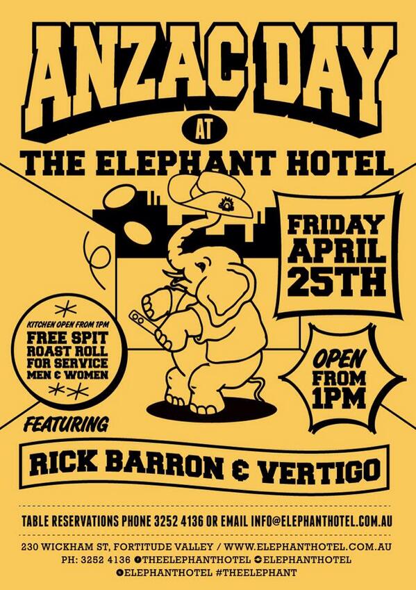 ElephantHoteI's tweet photo. #Anzacday at the Elephant. Open from 1pm http://t.co/FKPaQpX4rX