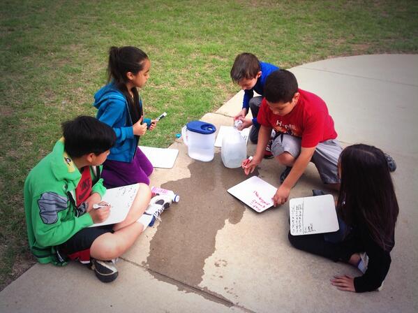 Holbecka's tweet photo. How many cups will fit in that gallon? Outside/students owning the learning #ilovevickery #strategicdesign http://t.co/iEnFSON88a