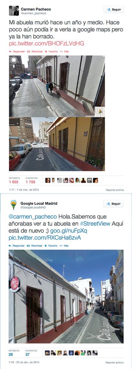 carmen_pacheco's tweet photo. Aquí la historia completa de mi abuela desvanecida y recuperada. Gracias @GoogleLocalMAD por el detalle. http://t.co/FRHOvBjLeJ