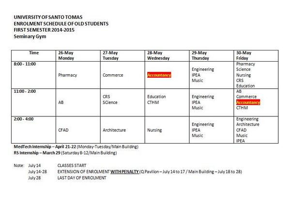 USTASC1314's tweet photo. “@ASC1415: RE: SCHEDULE OF ENROLMENT FOR OLD STUDENTS (2ND-5TH YEAR) FOR THE FIRST SEMESTER OF A.Y. 2014-2015 http://t.co/0HSZ92EHdR”