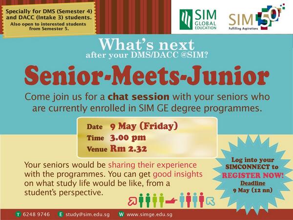 InSIMsim's tweet photo. 'What’s Next After DMS’ and ‘Senior Meets Junior’. - SIM GE upcoming events programmes

http://t.co/e4XusMzUBb http://t.co/8oyH4WlJKd