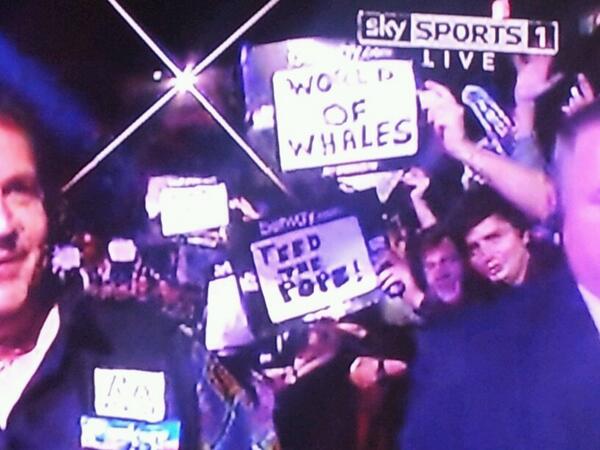 Oldham_Mark's tweet photo. "World of Whales" and "Feed the Pope" feature on Sky at last night's darts. @jbvalefan http://t.co/pkno7QPQqs