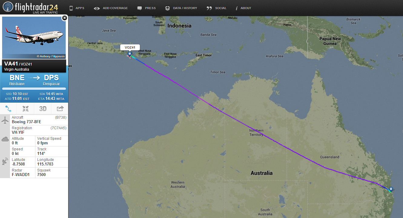 Flightradar24 This Is The Flight Path For The Hijacked Virgin Australia Flight Va41 Standing On Ground At Denpasar Bali Now Http T Co Gwivgm0iiz