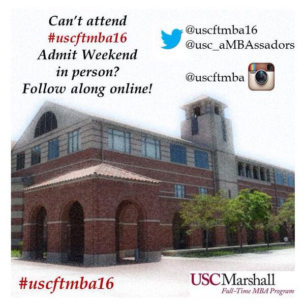 uscftmba16's tweet photo. AM RT: Excited for #uscftmba16 Admit Weekend w/ @USC_aMBAssadors!! Can't attend? Follow here &amp; Instagram! #FightOn http://t.co/anfkGdP4e6