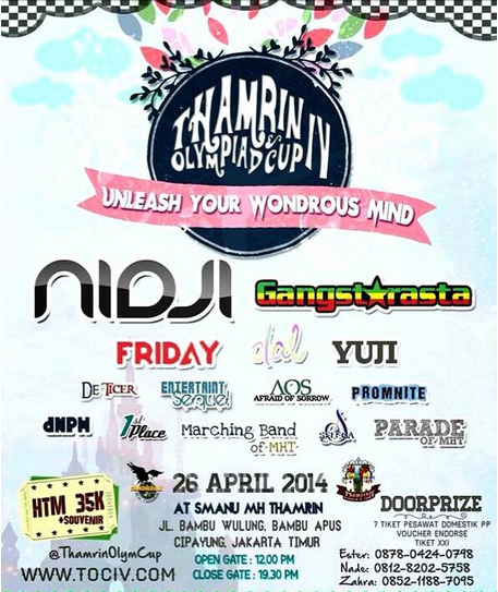 HaiMagazine's tweet photo. Guys, besok wajib datang ke closing Thamrin Olympiad & Cup IV ada @nidji @gangstarasta @FRIDAYtheband! Seruu!! #tociv http://t.co/49BX2MVHer