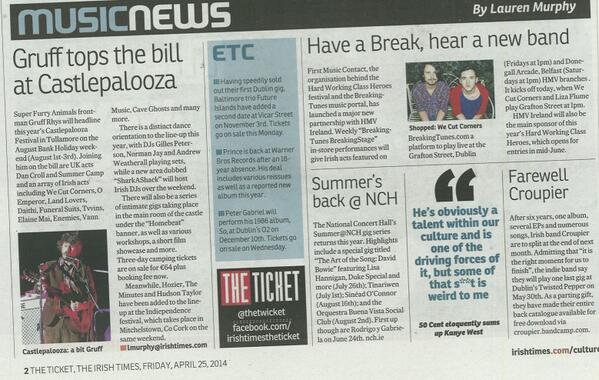 We're in the <a href="/thetwicket/">The Ticket</a> music news today via <a href="/IrishTimes/">The Irish Times</a>, cheers <a href="/laurenmurphy_/">Lauren Murphy</a> #CP14