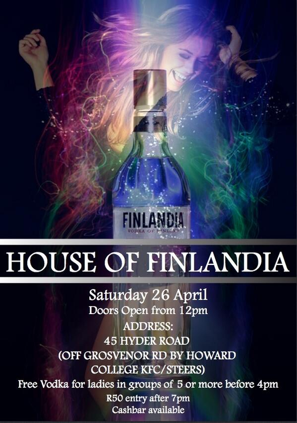 InnerCircleDbn's tweet photo. House party tomorrow brought to you by Finlandia vodka! starts at midday till late -> 45 Hyder Road by Howard college http://t.co/WpqfLeSGf5