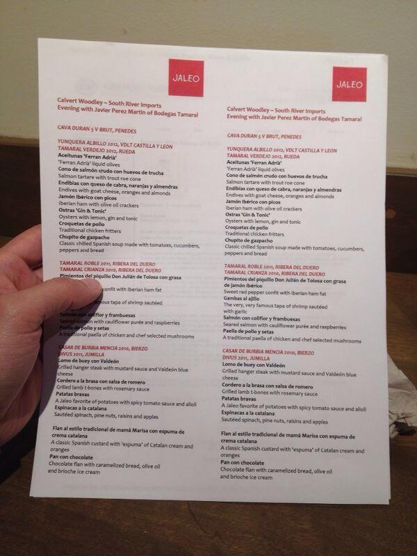 Carta de la cena-cata de ayer en @jaleotapasbar de Washington D.C. junto a <a href="/casardeburbia/">CASAR DE BURBIA</a> <a href="/bodegasbleda/">Bodegas Bleda</a> y <a href="/DuranGR/">Cava DuranGR</a>