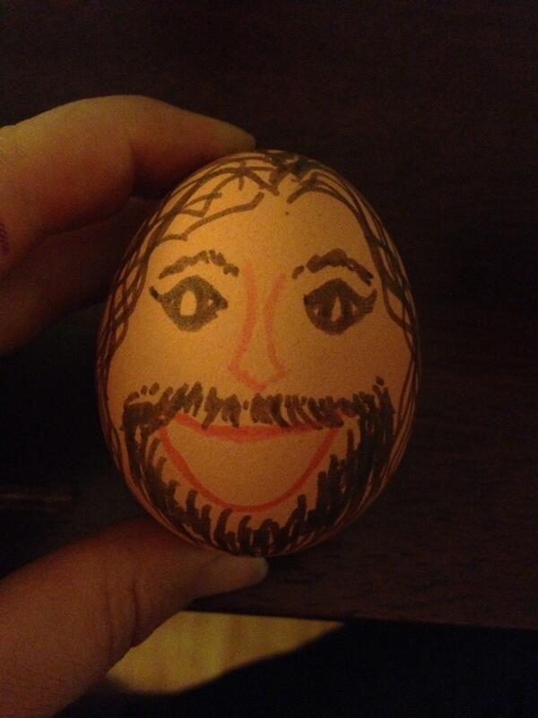 klp11's tweet photo. Hello @rustyrockets this is you on an egg. I drew it in an Easter game of guess who. #eggcelent http://t.co/qEHisfjQmv