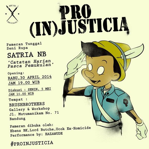 satria_nb's tweet photo. Pameran tunggal seni rupa 'PRO (IN)JUSTICIA' dari @satria_nb. sebuah catatan harian pasca pemukulan. http://t.co/iwYMC8DDts
