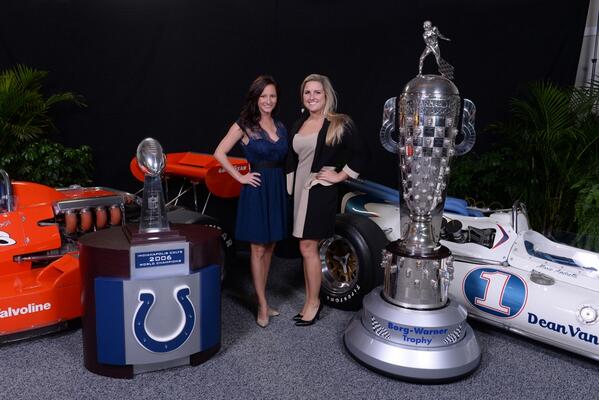 kaclayto's tweet photo. Representing the Colts and Indy500 Princesses! Me &amp; @Kdappattack with the Lombardi Trophy &amp; the Borg-Warner Trophy! http://t.co/ebH2ujSVaS