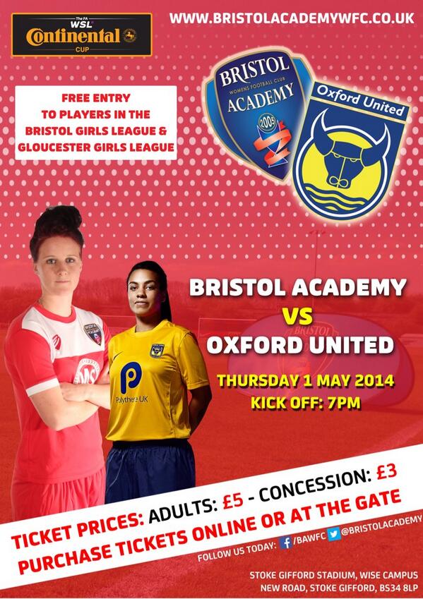 ContiCup match v <a href="/oulfc/">kobashi555555</a> May 1st is FREE to <a href="/BristolGFL/">Bristol Girls League</a> &amp; Gloucester Girls League <a href="/GlosFA/">Gloucestershire FA ⚽</a> INFO: bristolacademywfc.co.uk/news/bristol_v…