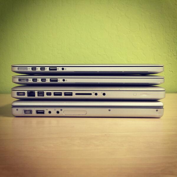 LukeW's tweet photo. MacBook Pros: 2006, 2010, 2012, 2014. http://t.co/X49pNBWyzY