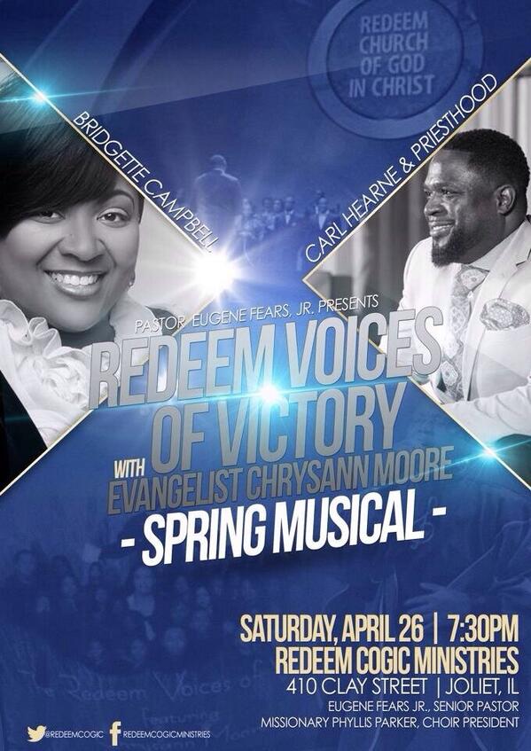 GospelinChicago's tweet photo. Tomorrow night @RedeemCOGIC , @ChrysannMoore , @BridgetteSings http://t.co/9PIuBDY0gI