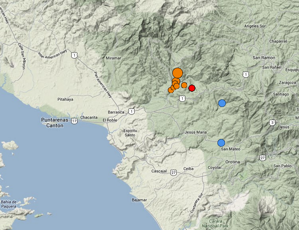 RSNcostarica's tweet photo. Mapa de réplicas del #sismocr de hoy a las 3:27 am. Las mag varian entre 2,2 y 3,1 Mw. http://t.co/PJIS6FRGWL http://t.co/yFdXT1LWXk