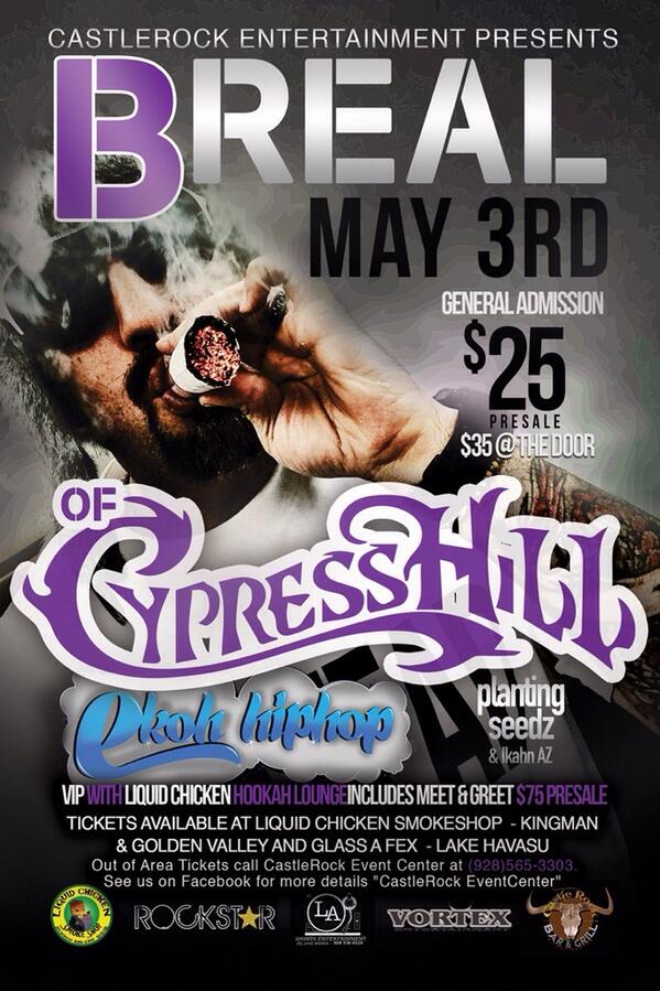 cypresshill's tweet photo. Who's coming out to blaze up the stage with the #BuddhaMaster @B_Real on May 3rd at @CastleRock_AZ? #az #nv #ca http://t.co/28UaCvbR6K