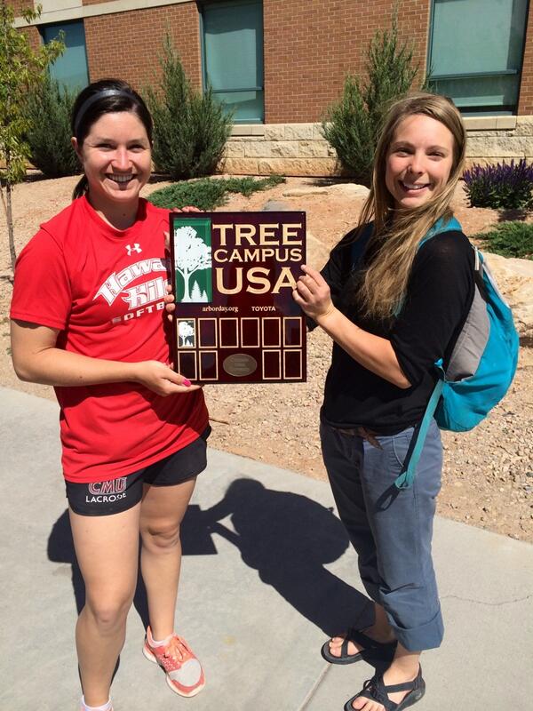 CMU_ASG's tweet photo. VP Pulido and Ms. Amanda from Sustainability Council showing off our Tree Campus Plaque! #cmesau @ColoradoMesaU http://t.co/CaiCenNjpK