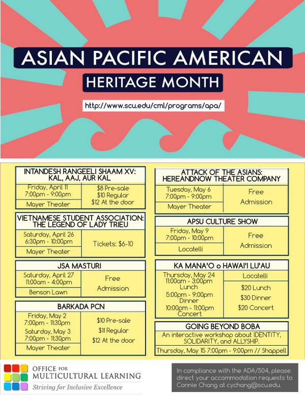 SCU_OML's tweet photo. May is Asian-Pacific American Heritage Month! Come check out all the events SCU has to offer! Mark your calenders! http://t.co/LN3ZxlnR0c