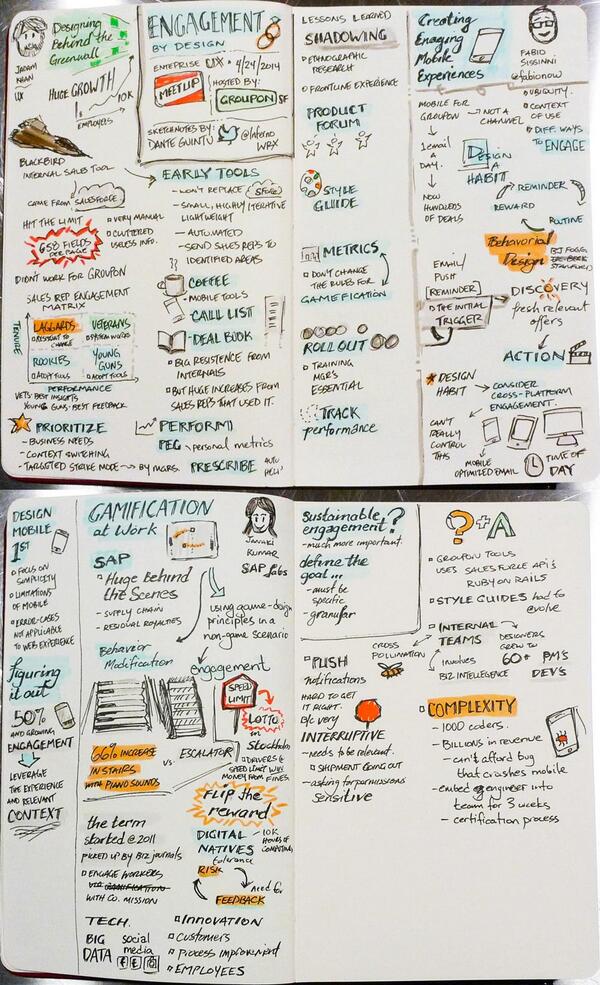 InfernoWRX's tweet photo. Excellent preso's last nite #EnterpriseUX Engagement by Design. Jadam @fabionow @janakikumar @GrouponEng #sketchnotes http://t.co/XDND33sbPg