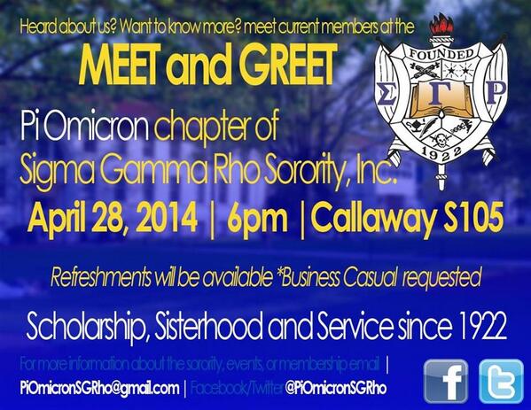 DrArthurDoctor's tweet photo. @PiOmicronSGRHO is having a Meet and Greet next week..stop by if you're interested in learning more! http://t.co/Sfh3q0LRXy