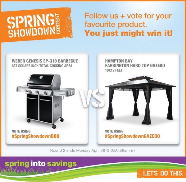 HomeDepotCanada's tweet photo. What's your pick this round? Reply + vote #SpringShowdownBBQ or #SpringShowdownGAZEBO http://t.co/lkYflEiCr8 http://t.co/IPAwkLVUuo