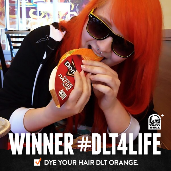 TacoBellCanada's tweet photo. Orange hair for life? Maybe. #DLT4LIFE? Definitely. Congrats, @jamiexHORROR on your epic hair and epic win! http://t.co/9HmIdswCln