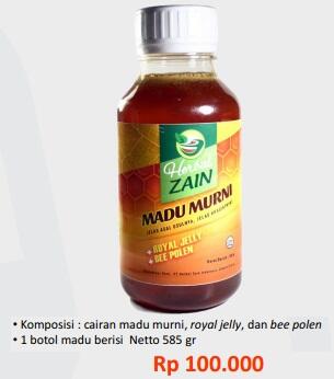 BlogSTerlaK's tweet image. Madu MurniHerbal Zain.  Komposisi : cairan madu murni, royal jelly, dan bee polen. 1 botol =  Netto 585 gr. hrga100rb