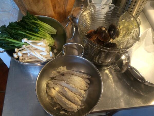 Fried white bait, mahogany clams, white mushrooms, and greens.  - experiment in progress...