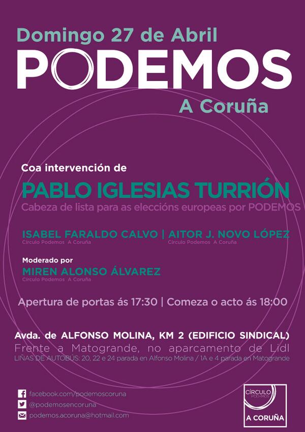 PodemosCoruna's tweet photo. Só quedan 30 horas para que comece o Acto de @ahorapodemos en A Coruña coa intervención de @Pablo_Iglesias_ ¡Anímate! http://t.co/jK9yy8HQoc