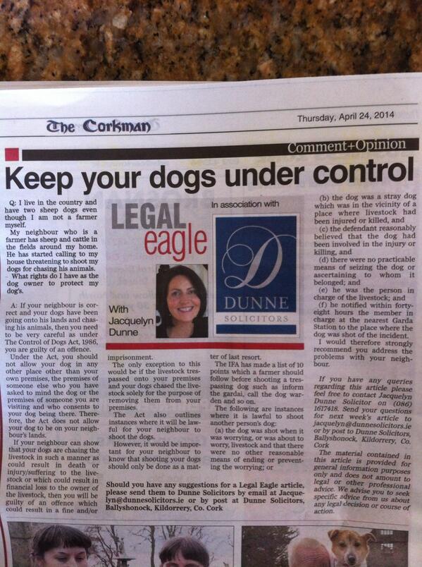 DunneSolicitors's tweet photo. Read my article in this weeks @Corkman_ie. legal obligations of dog owners. http://t.co/q6MnOSZsYi