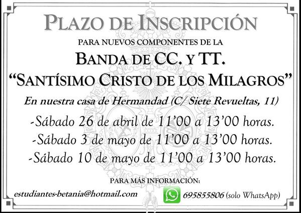 Estudiantes_SB's tweet photo. HOY, a las 11'00 horas, se abre el PLAZO DE INSCRIPCIÓN para nuevos componentes de nuestra banda @cctt_milagros http://t.co/jKxV1bXKxz