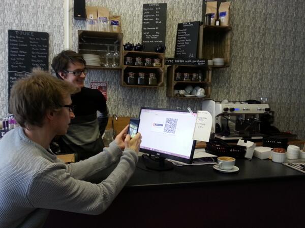 CryptoCamel's tweet photo. New coffee shop in Nottingham... First ever bitcoin purchase by us! http://t.co/ARKwJRBwpR