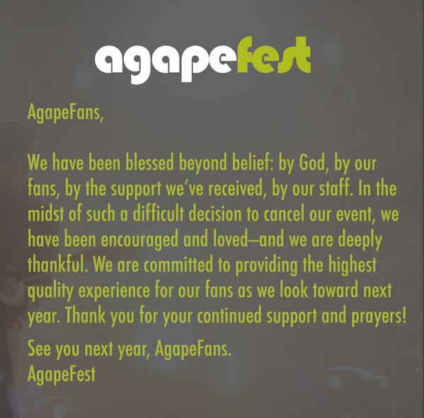 agapefest's tweet photo. A note to our #AgapeFans http://t.co/zMTfIAB92m
