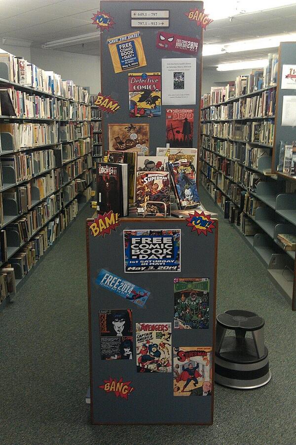 HMCLibrary's tweet image. Got our display put up for free comic book day! #FCBD