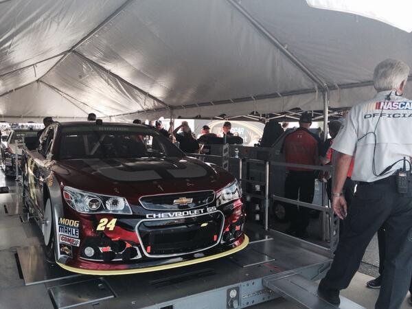 TeamHendrick's tweet image. The No. 24 team pushes @JeffGordonWeb's Chevy SS through inspection @RIRInsider. #NASCAR
