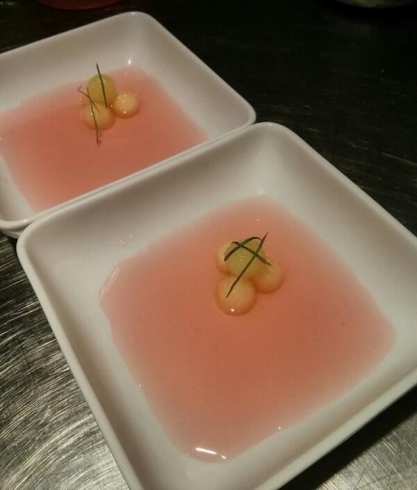 janaruby's tweet photo. New dessert amuse! Rhubarb consumme, wine poached apples and tarragon. Chef menu @maslagrillade http://t.co/cfvl5VdiO5