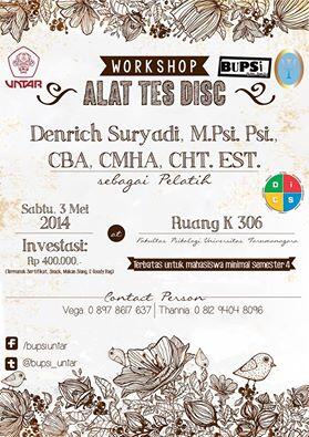 VeronicaClariss's tweet photo. RT @Wnd_Winda: Ayo ikutan workshop alat tes DISC. Workshop ini untuk umum,bukan mahasiswa untar aja.Silahkan dilihat  http://t.co/oPag715jGn
