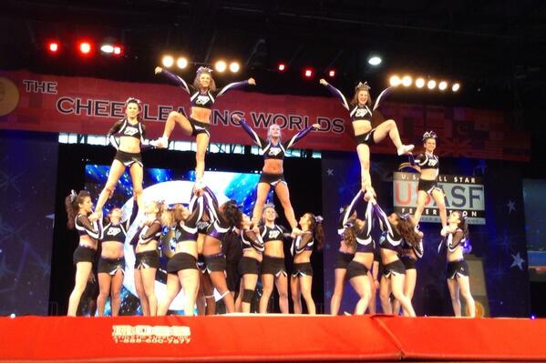 USASFcheer's tweet photo. The @KryptoSpirit just shined over the Jostens center with a clean pyramid sequence! #SRS #Worlds2014 http://t.co/Suik9eSNd6