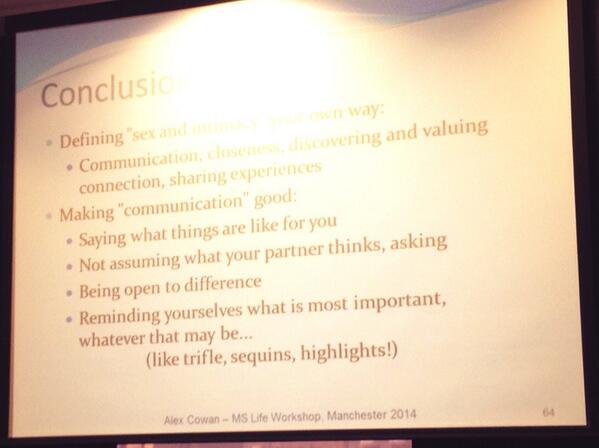 mssocietyuk's tweet photo. Final remarks at #mslife2014 sex & intimacy workshop - tips for good communication http://t.co/On9WVts5eY