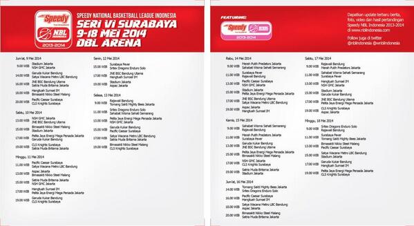 Jadwal #SpeedyNBL seri VI Surabaya. Atau cek: nblindonesia.com/v1/index.php?p… See you there!