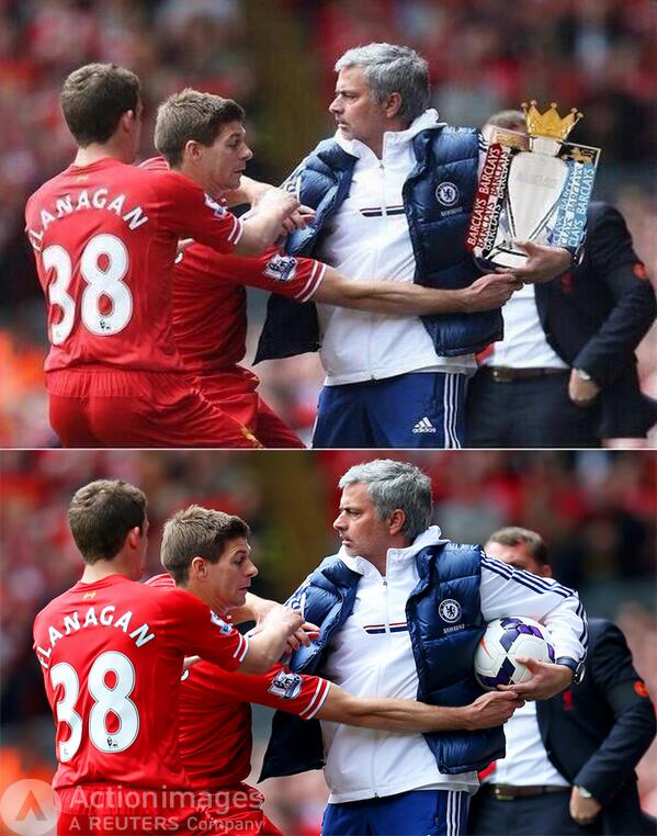 Spot the difference, #Mourinho and #Gerrard fight for the ball, another viral after last weeks Reaper!  #CFC #Chelsea