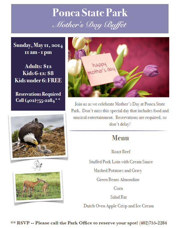 PoncaStatePark's tweet photo. Just a reminder that Mother's Day is quickly approaching! Don't miss this special event! Reservations required! http://t.co/9GFB9eFMuz