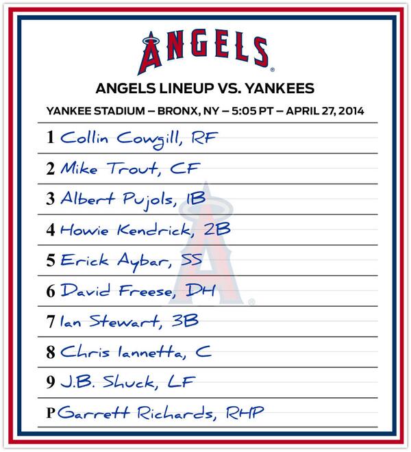 AngelsBaseballs's tweet photo. Here's the lineup for tonight's series closer against the Yankees. http://t.co/zoHefB7w7K